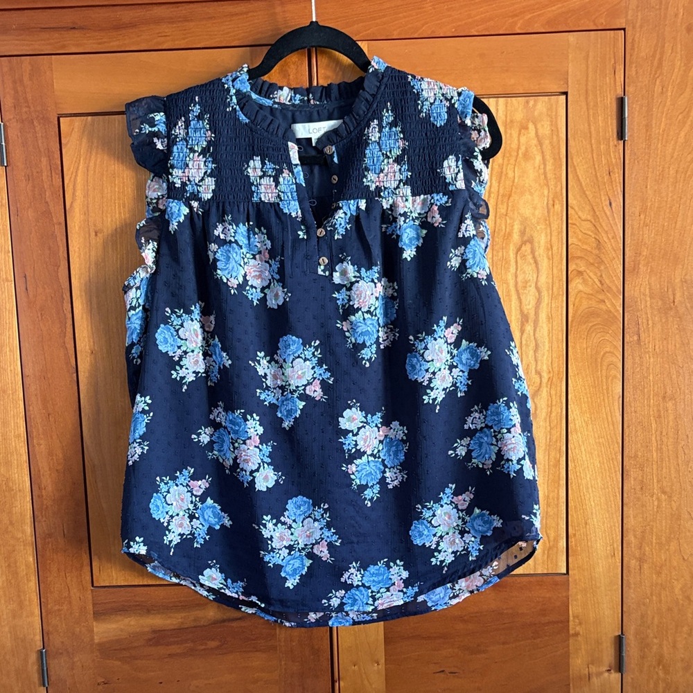 LOFT Navy Floral Ruffle Blouse